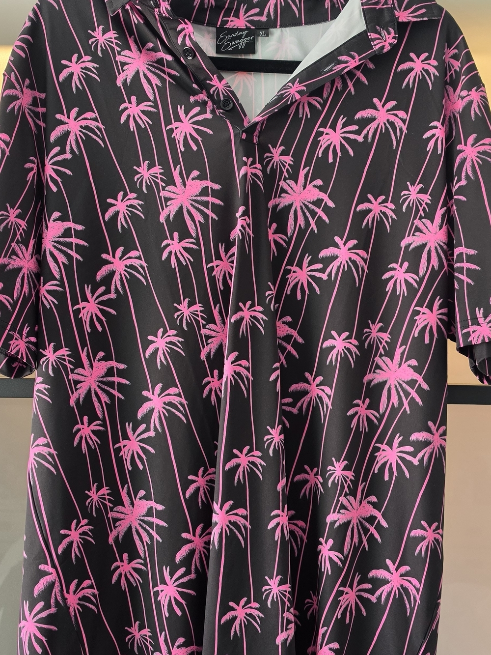 Sunday Swagger - Black Golf Polo Shirt with Pink Palm Tree Print